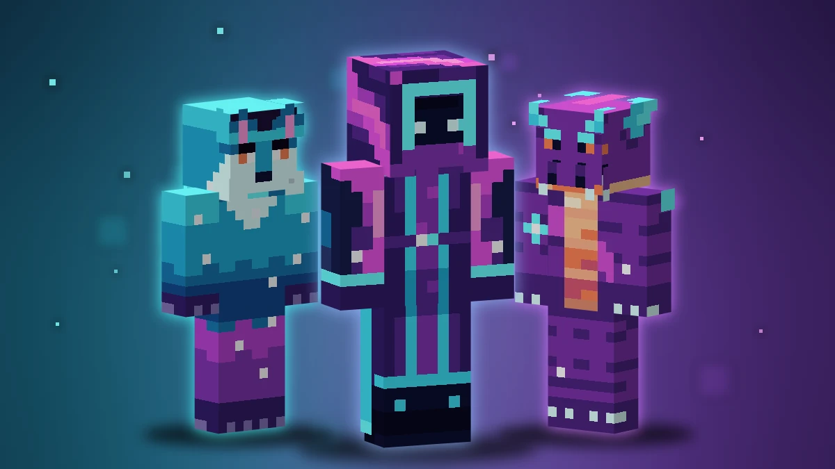 Three skins from Nebula Collection in 3D: Void Fox, Nebula Wanderer, Star Dragon