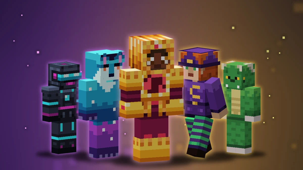 Un skin de chaque collection en 3D : Neon Bot, Void Fox, Leo Sunmane, Little Witch, Ember Dragon