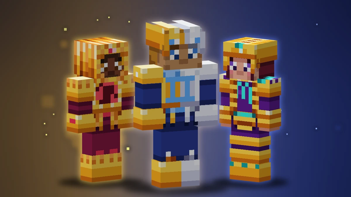Trois skins de la Collection Zodiaque d'or en 3D : Leo Sunmane, Gemini Twinlight, Scorpio Nightsting